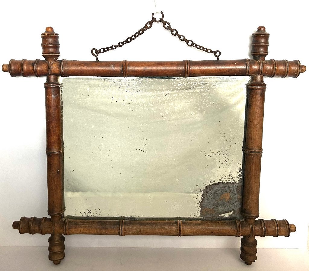 Antieke Houten Faux Bamboe Bambou Spiegel 50x42cm, Antiek en Kunst, Ophalen of Verzenden, Rechthoekig, Minder dan 50 cm