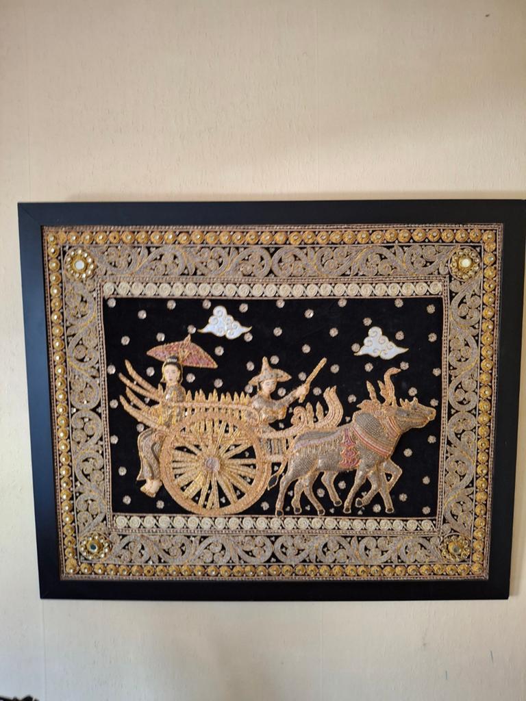 Exotisch handgemaakt wanddecoratie met ossenkar, Antiek en Kunst, Kunst | Niet-Westerse kunst, Ophalen of Verzenden