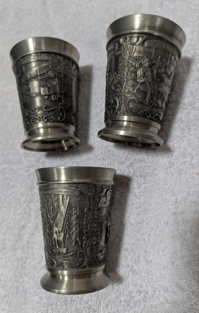 Set van 3 Vintage Tinnen Bekers - 95% Rein Zinn - SKS, Antiek en Kunst, Antiek | Tin, Ophalen of Verzenden
