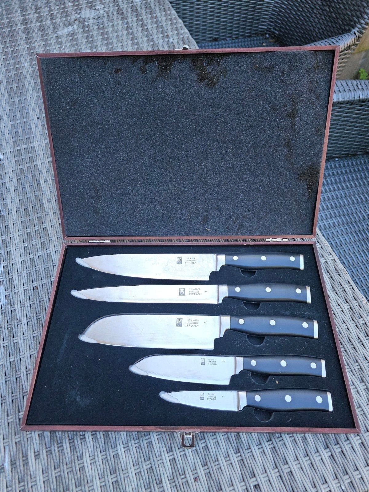 Seki Japan damascus steel kitchen knife set 5pcs wooden b, Overige typen, Ophalen of Verzenden, Metaal, Overige merken