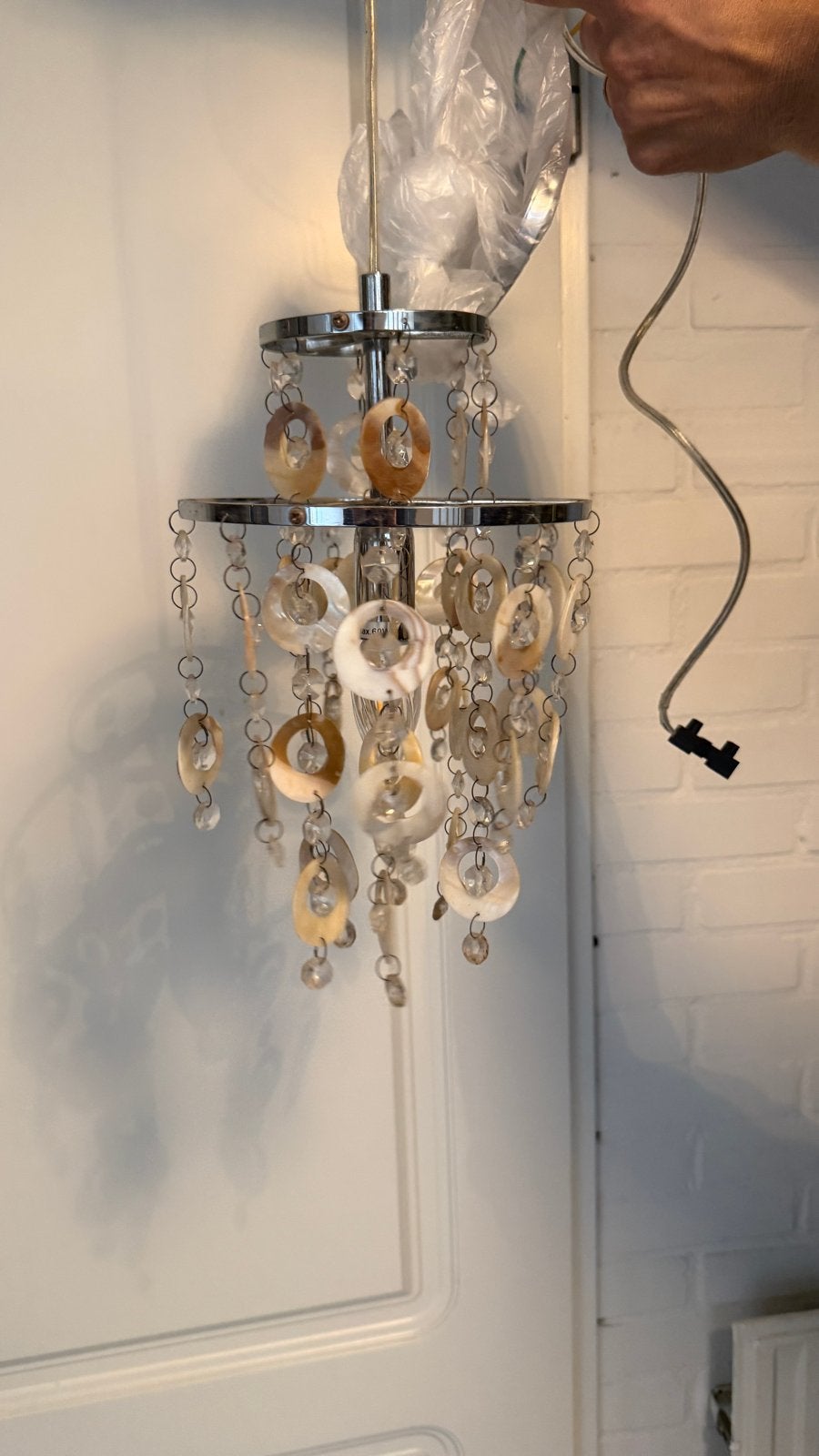 Hanglamp met schelpen en kristallen, E14 Max. 60W, Ophalen of Verzenden, Gebruikt, Metaal, E14 (klein)