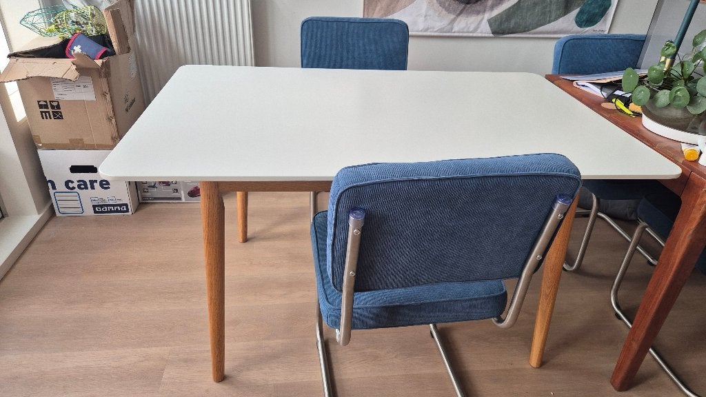 Eettafel wit tafelblad eiken poten, Ophalen, Gebruikt, 100 tot 150 cm, Scandinavisch