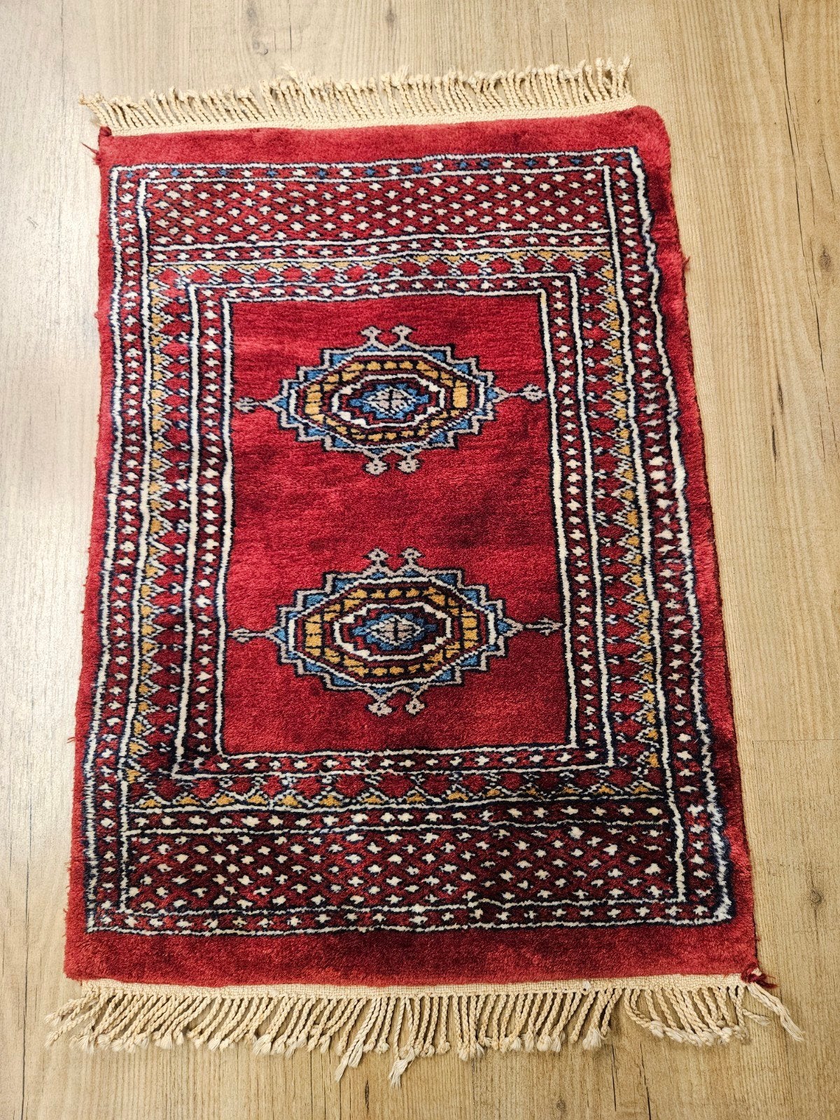 Vintage handgeknoopt oosters tapijt karachi 62x43, Info@SlatsAntiek.nl, Tweedehands, 50 tot 100 cm, Blauw