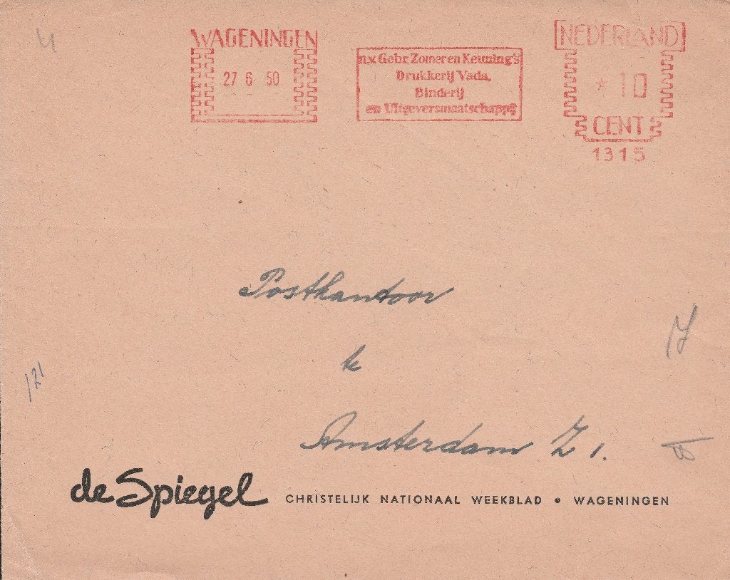 WAGENINGEN 1950 Enveloppenfront De SPIEGEL Chr. Nat.Weekblad, Verzamelen, Ophalen of Verzenden, 1940 tot 1960, Gelopen, Gelderland