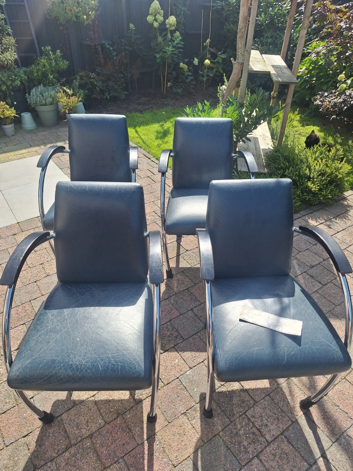 4 Gelderland stoelen, blauw leer, chroom frame, vintage, Gebruikt, Blauw, Vier, Vintage, Design, Modern