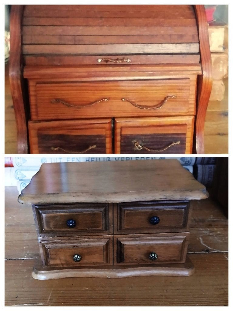 Oud brocante sieradenkastjes mini kaptafel ladekastje buro, Ophalen of Verzenden