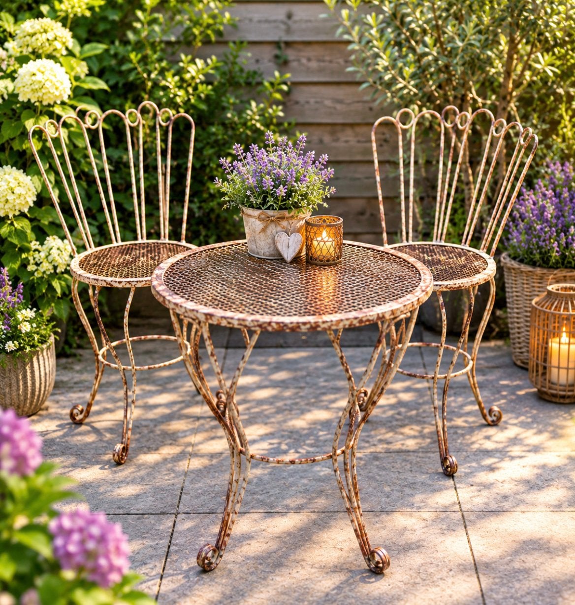 Gierijzeren bistroset 2 stoelen en 1 tafel, Overige materialen, Eettafel, Zo goed als nieuw, Tuinset