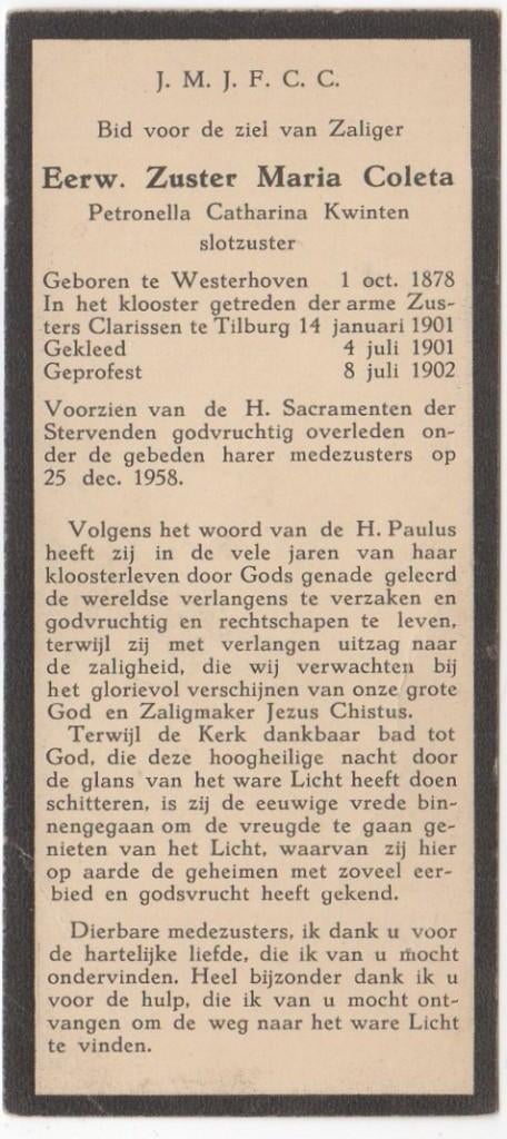 zr. Petronella Kwinten 1878 Westerhoven + 1958 Tilburg, 80 j, Verzenden