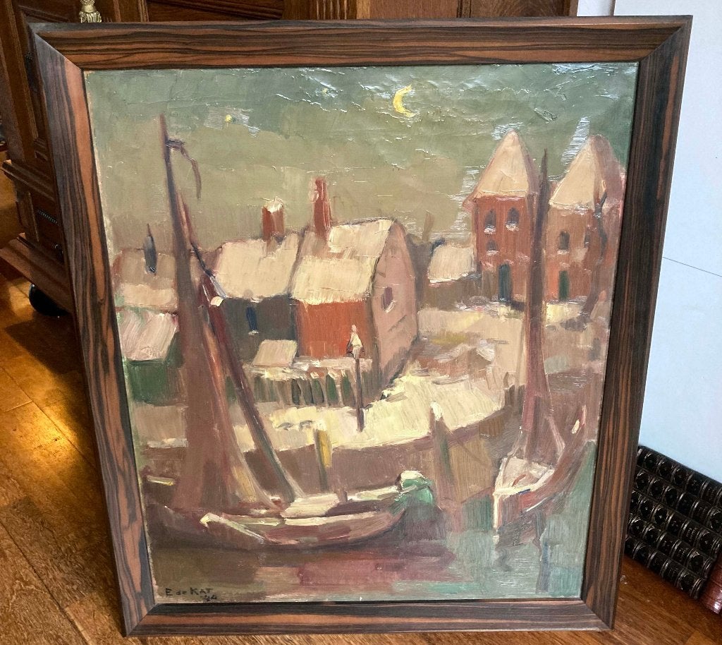 Schilderij haven van Veere bij nacht door Ewoud de Kat 1944, Antiek en Kunst, Ophalen