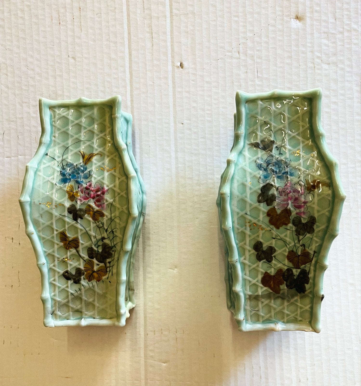 Antieke Set Celadon Vazen - Handgeschilderd, Bamboe-look, Ophalen of Verzenden
