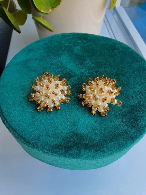 Vintage Clip Oorbellen Parel Goud Kralen Statement, Ophalen of Verzenden, Zo goed als nieuw, Goud, Goud