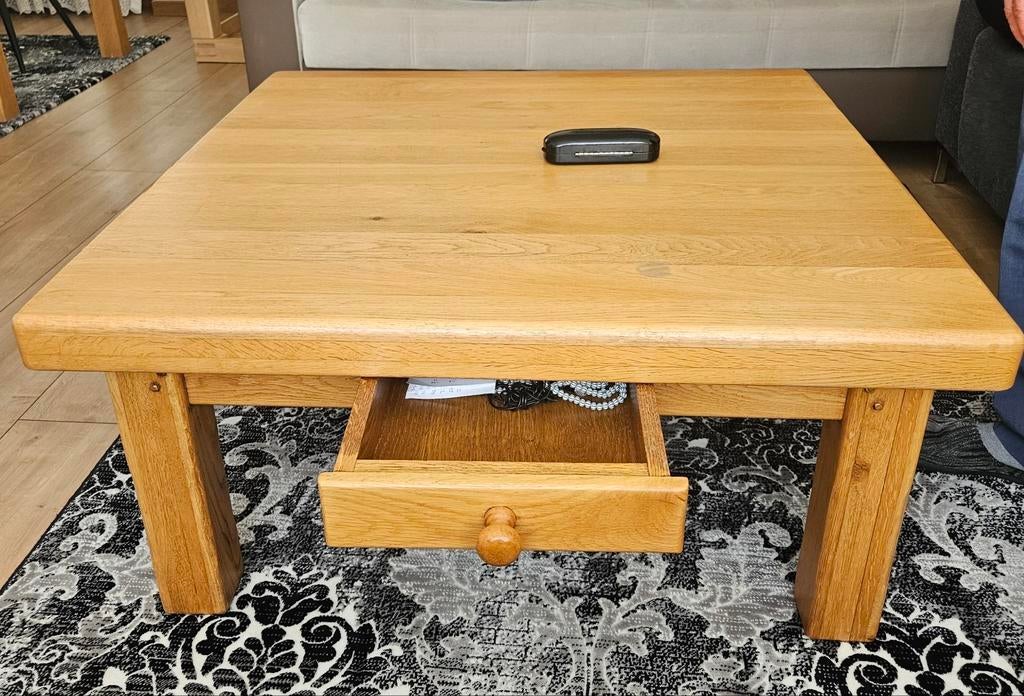 Massief Eiken Salontafel 100x100 cm met Lade, Ophalen of Verzenden, Zo goed als nieuw, 100 tot 150 cm, 100 tot 150 cm