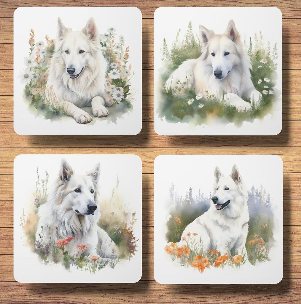 Zwitserse Witte Herder Aquarel onderzetters met houder, Ophalen of Verzenden, Nieuw