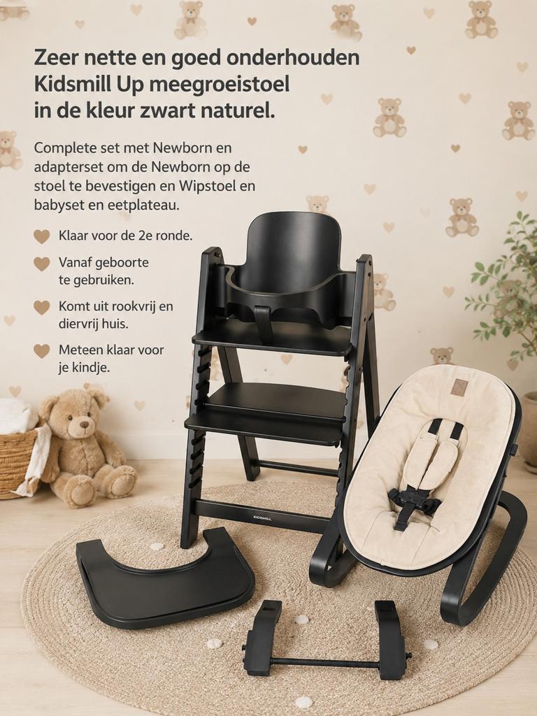 Complete Kidsmill Up meegroeistoel :Zwart Naturel, Ophalen, Zo goed als nieuw, Meegroeistoel, Gordel(s)