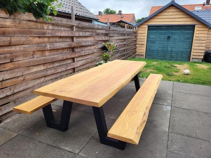 Picknicktafel staal en douglas/lariks hout. W frame Boomstam, Niet ingevuld, Niet ingevuld, Nieuw, Ophalen of Verzenden