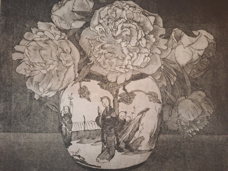 Ets Pioenrozen in Gemberpot van Everbag, Ophalen of Verzenden, Gesigneerd, Flora en Fauna, 1950 - 1999