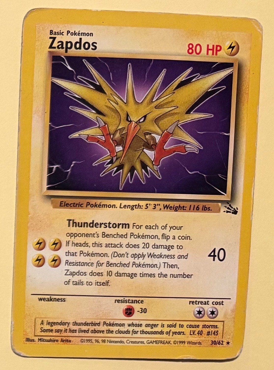 Pokémon Kaart Zapdos 30/62, Ophalen of Verzenden, Gebruikt, Losse kaart