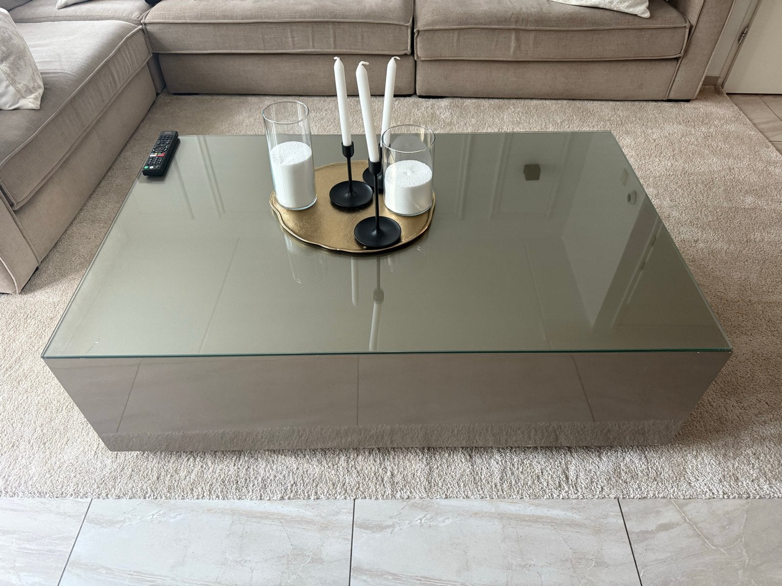 Moderne eettafel salontafel en tv meubel met glazen blad, Ophalen, Gebruikt, 100 tot 150 cm, Vierkant