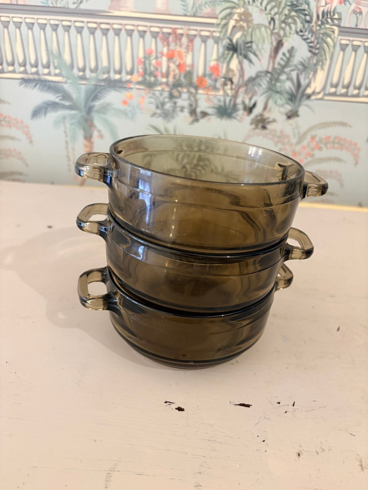 Vintage Arcoroc France rookglas soepkommen met oren (set van, Ophalen of Verzenden