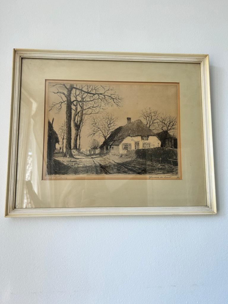 Ets van Hendrik de Laat - Brabantse landweg met boerderij, Ets, Ophalen of Verzenden, Gesigneerd, Landschap