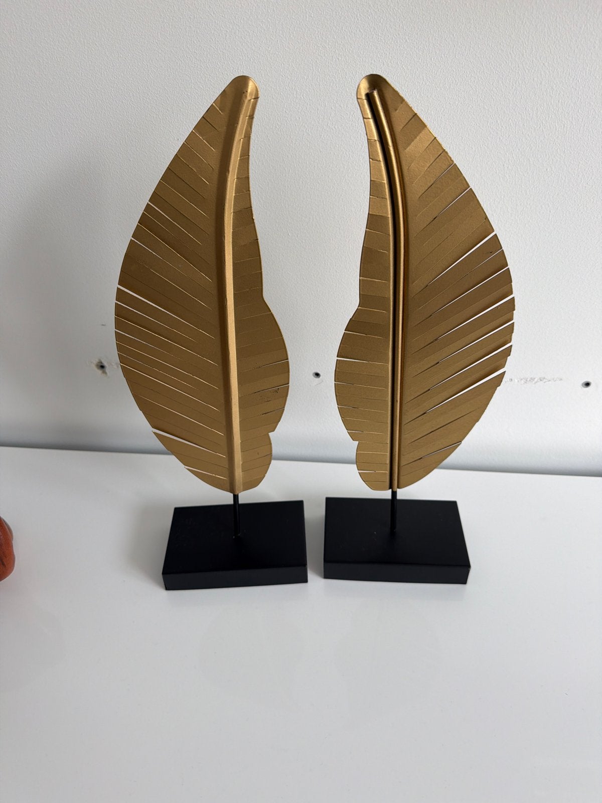 Set van 2 gouden decoratieve bladeren op standaard, Huis en Inrichting, Ophalen, Zo goed als nieuw, Goud, Metaal