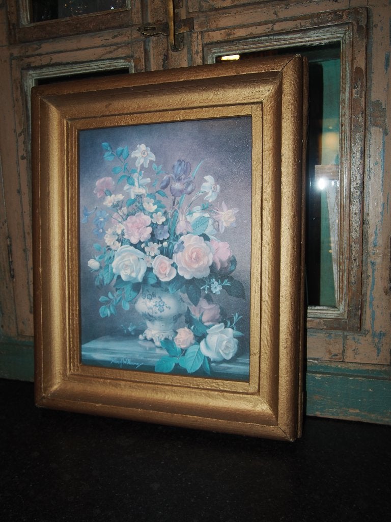 Schilderij Albert Williams - Bloemen in gouden lijst, Bloemen, Realistisch, Overige ondergronden, Tekening