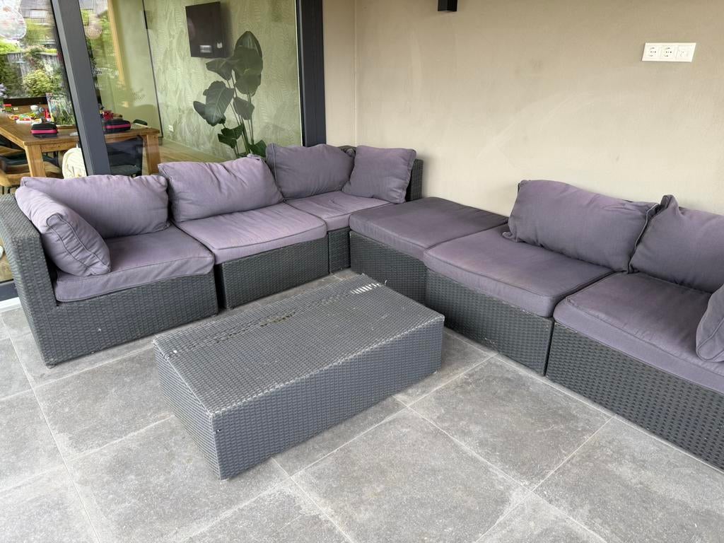 Mooie wicker loungebank in delen inclusief kussens., Ophalen, Gebruikt, 6 zitplaatsen, Loungeset