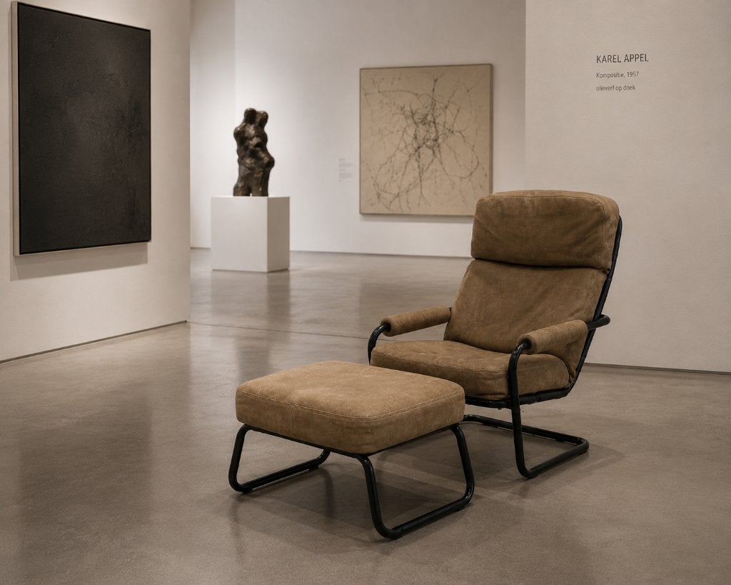 Jan de Bouvrie Gelderland, meneer Obermann Fauteuil + hocker, Ophalen, Gebruikt, Leer, 75 tot 100 cm