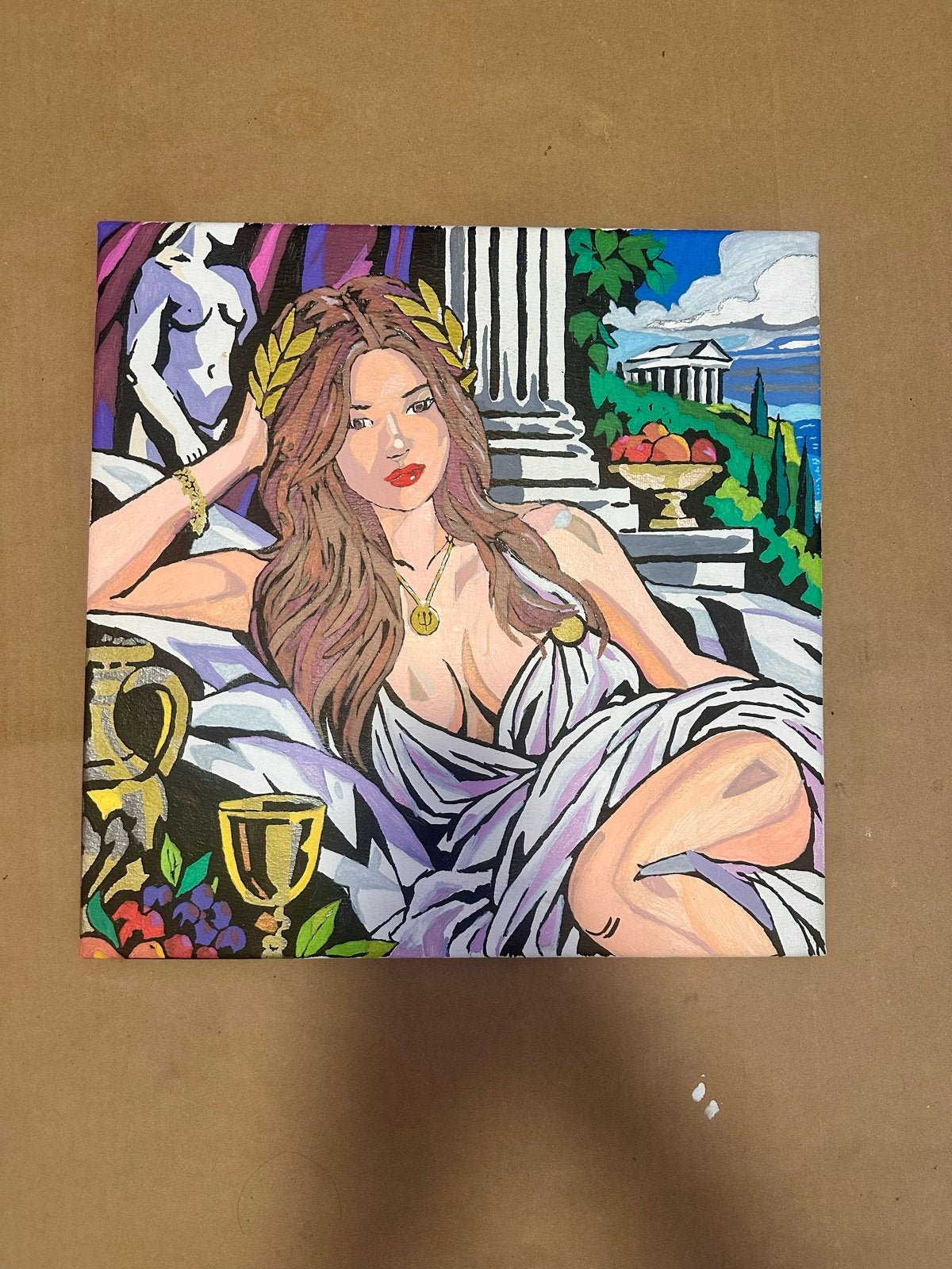 Aphrodite Pop Art Schilderij - Handgeschilderd 40x40 cm, Antiek en Kunst, Handgeschilderd, Ophalen of Verzenden, Textiel, Figuren