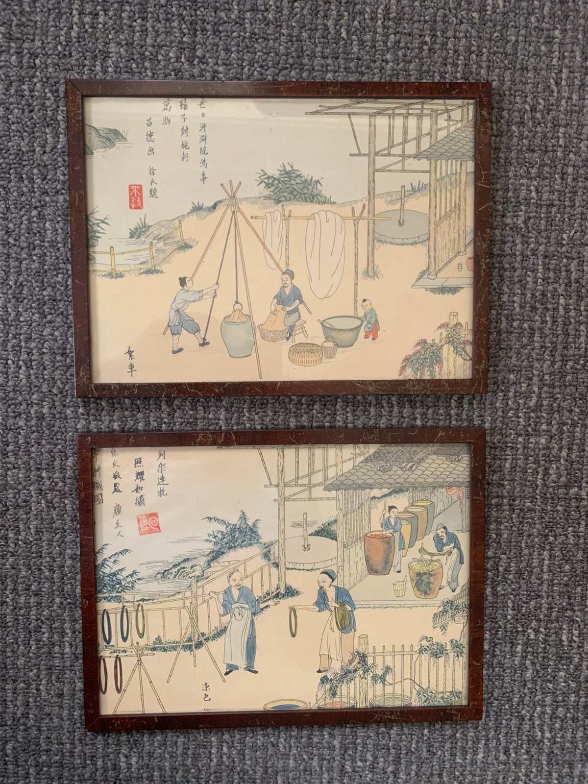 2 oude chinese prenten in lijst achter glas, Verzenden