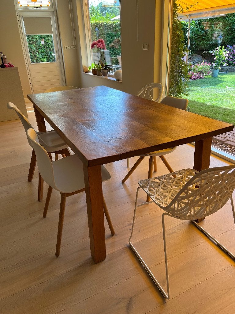 Houten eettafel en stoelen, Huis en Inrichting, Tafels | Eettafels, Ophalen, 50 tot 100 cm, Zo goed als nieuw, Vijf personen of meer