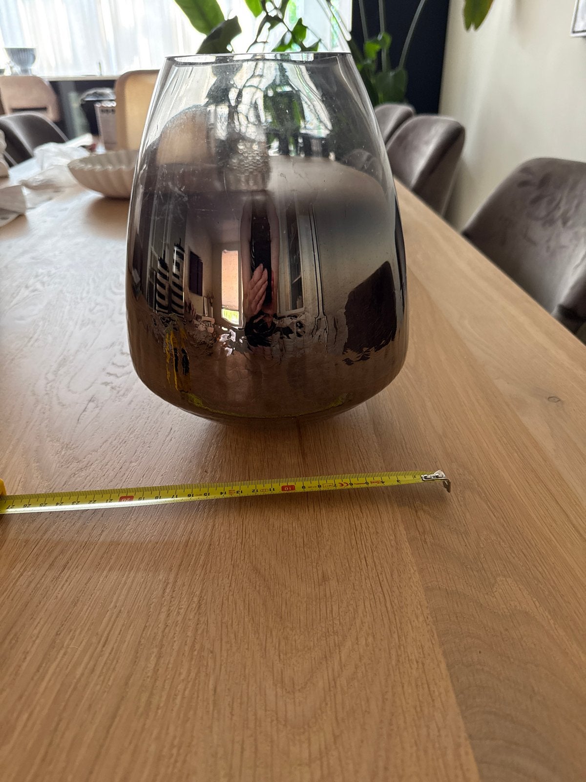 Glazen vaas/waxinelichthouder met zilveren/bronzen gloed, Huis en Inrichting, Woonaccessoires | Vazen, Ophalen, Met patroon/structuur