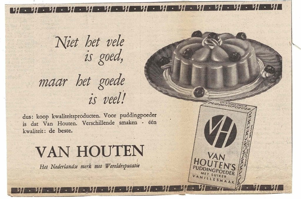 VAN HOUTEN's Puddingpoeder met suiker Vanillesmaak 1949, Ophalen of Verzenden, Gebruikt, Overige typen