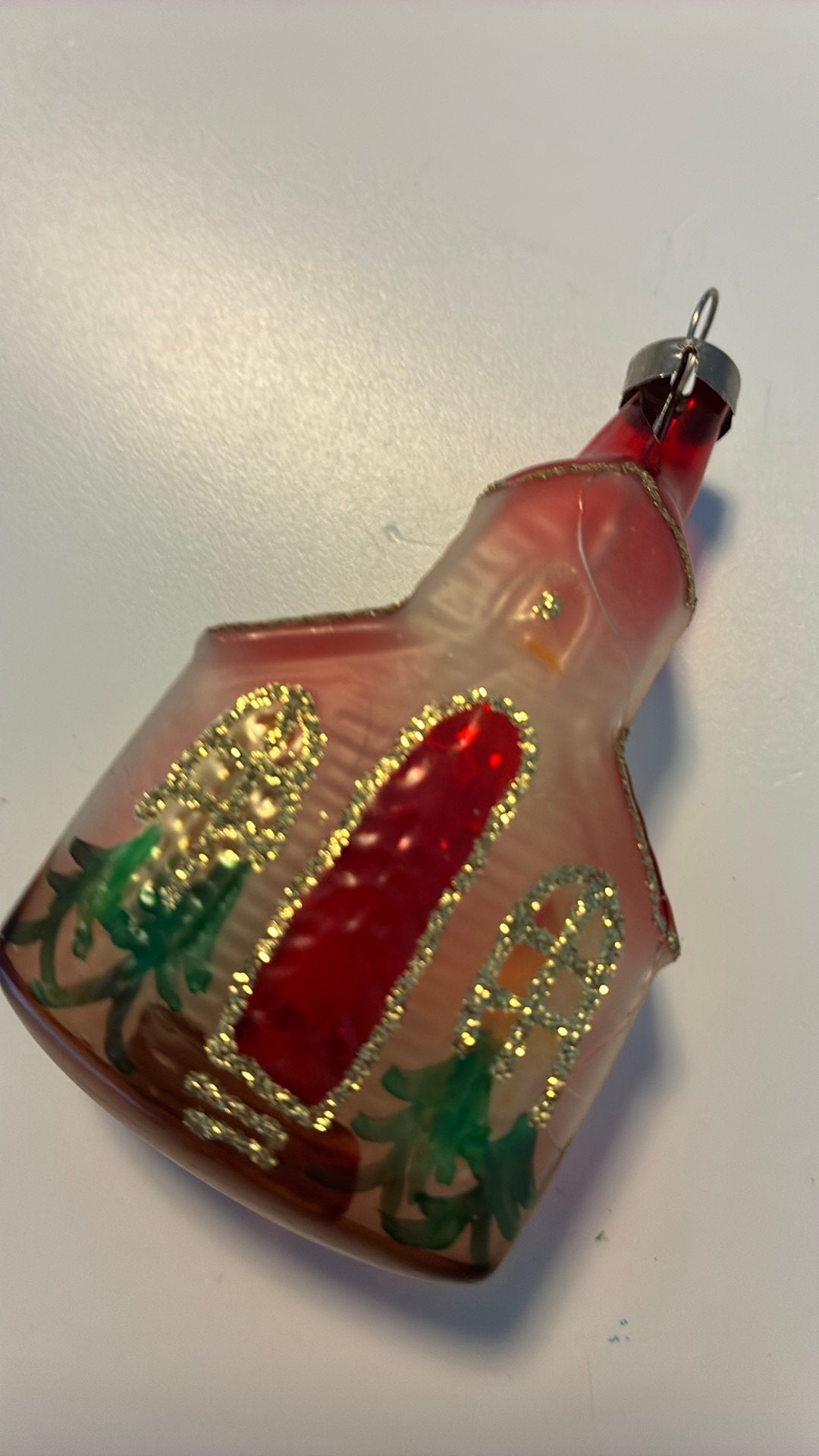 Vintage kerstbal, kerkje transparant glitter, Ophalen of Verzenden, Zo goed als nieuw