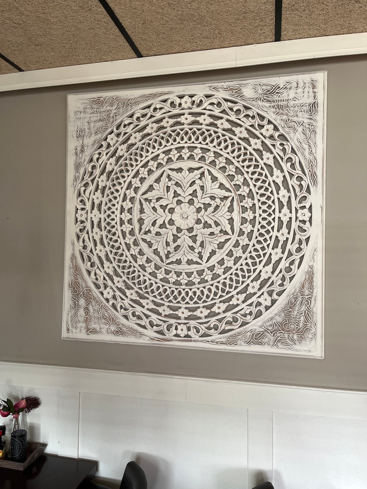 handgesneden houten wandpaneel.   125 x 125 - Mandala, Huis en Inrichting, Oosters, Hout, Ophalen of Verzenden, Zo goed als nieuw
