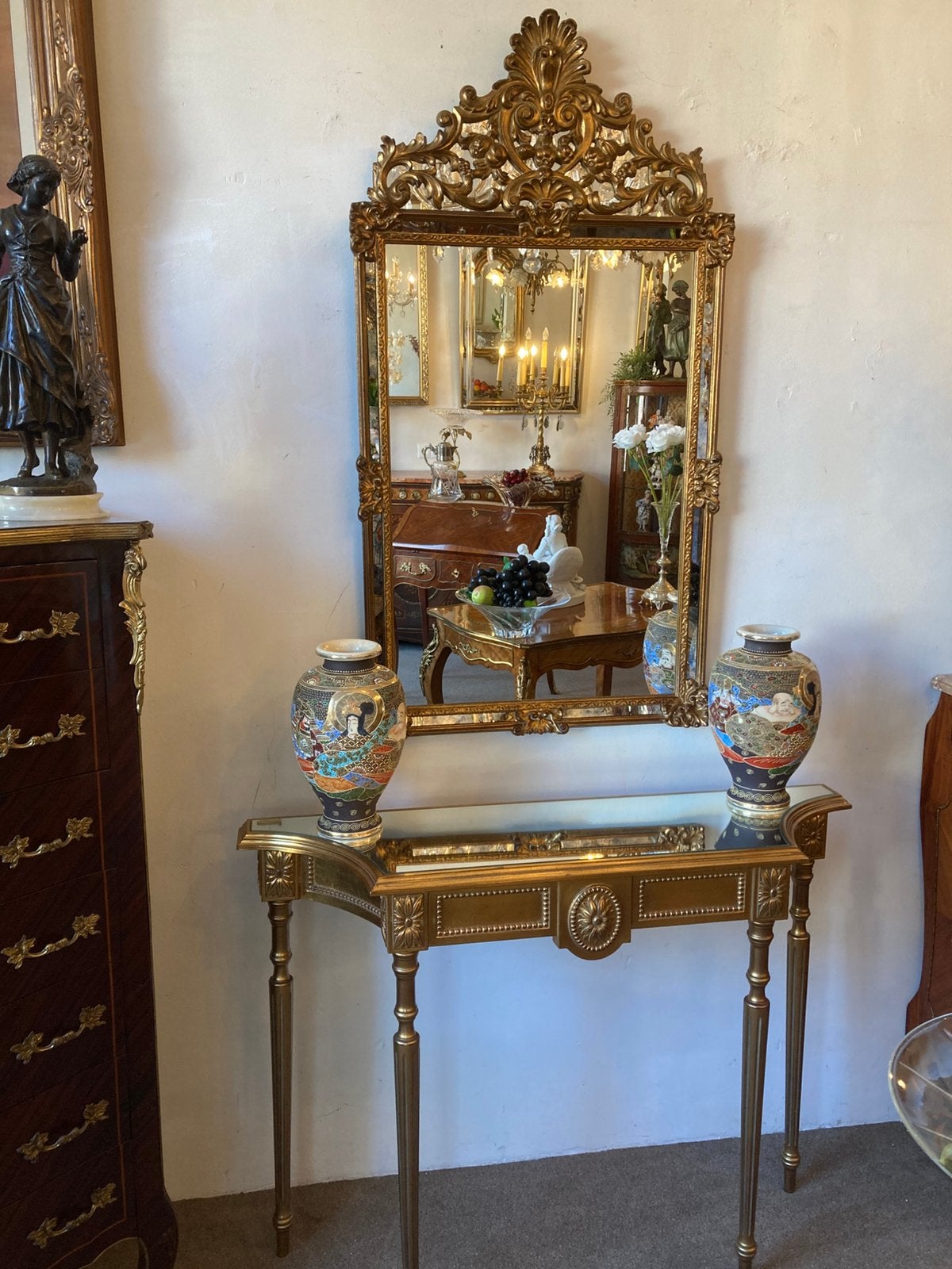 Antieke de knudt spiegel met console, Antiek en Kunst, Ophalen, Rechthoekig