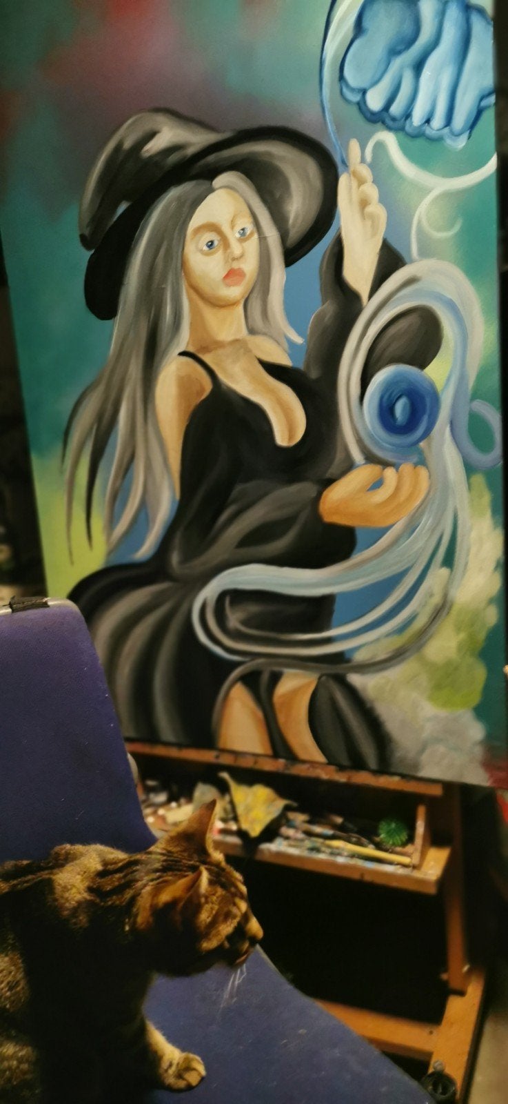 Olieverf Schilderij Heks 90x120 cm - Handgeschilderd, Doek, Portret of Personen, Surrealisme, Ophalen of Verzenden