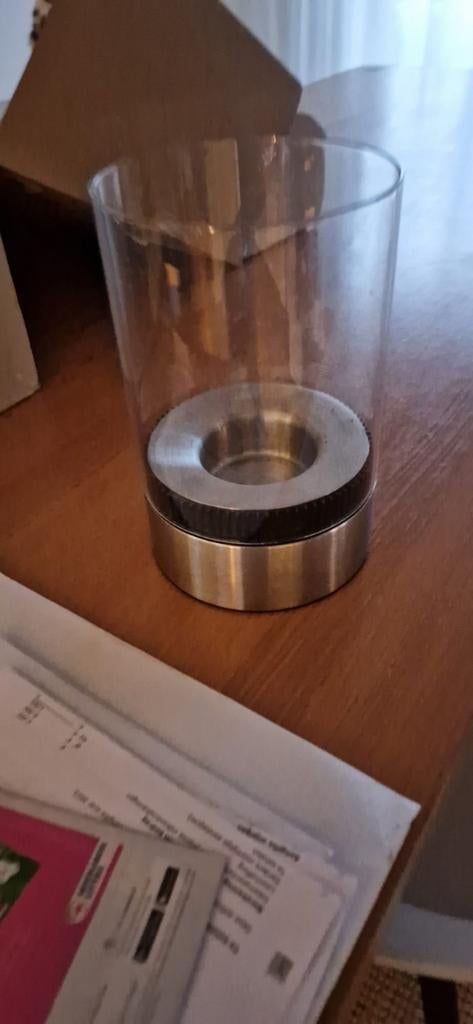 Modern glazen Blomus windlicht met metalen voet, Ophalen, Gebruikt, Grijs, Metaal