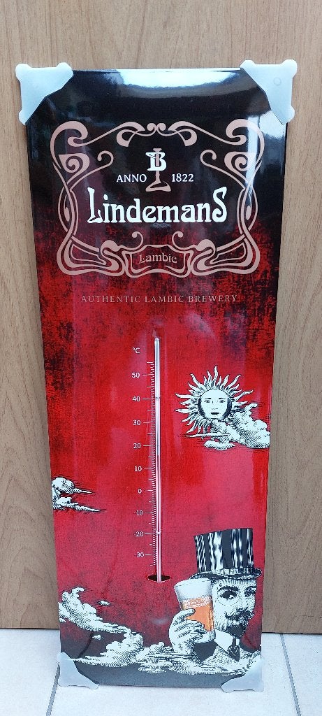 Origineel Emaillebord met thermometer Lindemans, Verzamelen, Ophalen of Verzenden, Nieuw, Reclamebord, Plaat of Schild, Overige merken
