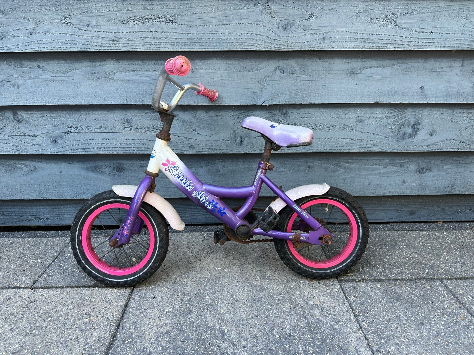 Gratis Kinderfietsje paars met roze accenten - Little Miss, Ophalen, Gebruikt, Terugtraprem, Minder dan 16 inch
