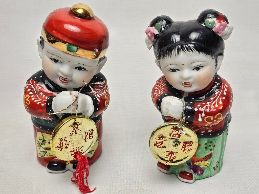 # Vintage Chinese Jintong Golden Boy, Yunu Jade Girl beeldje, Ophalen of Verzenden, Gebruikt