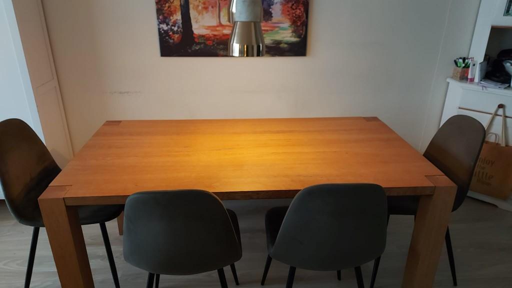 Te Koop: houten eettafel (6 pers.) + bankje 35,- euro, Ophalen, Gebruikt, 50 tot 100 cm, Vijf personen of meer