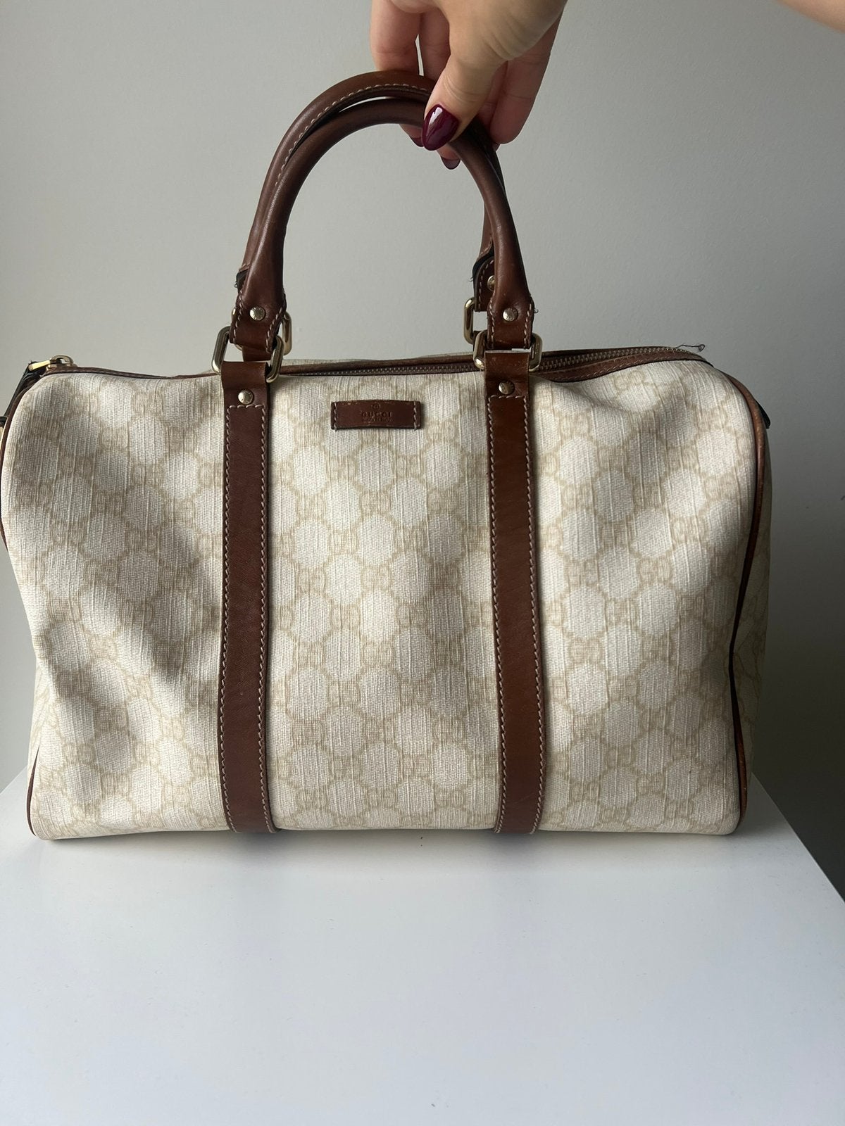 Gucci Boston Bag Beige/Bruin – Authentiek Vintage, 40 tot 60 cm, 30 cm of meer, Beige, Minder dan 35 cm