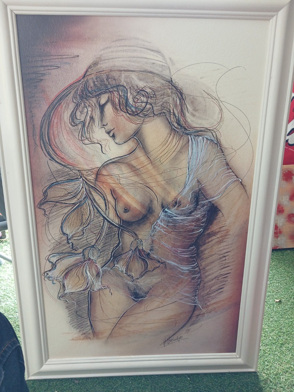 Gesigneerd Schilderij: Vrouw met Hoed en Bloemen, Ophalen