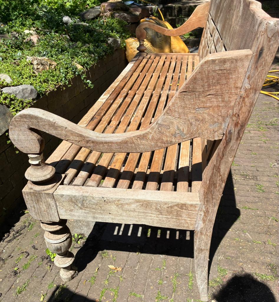 Teak bank,plusminus 250 cm.lang,55cm. diep, Ophalen, Gebruikt, Teakhout