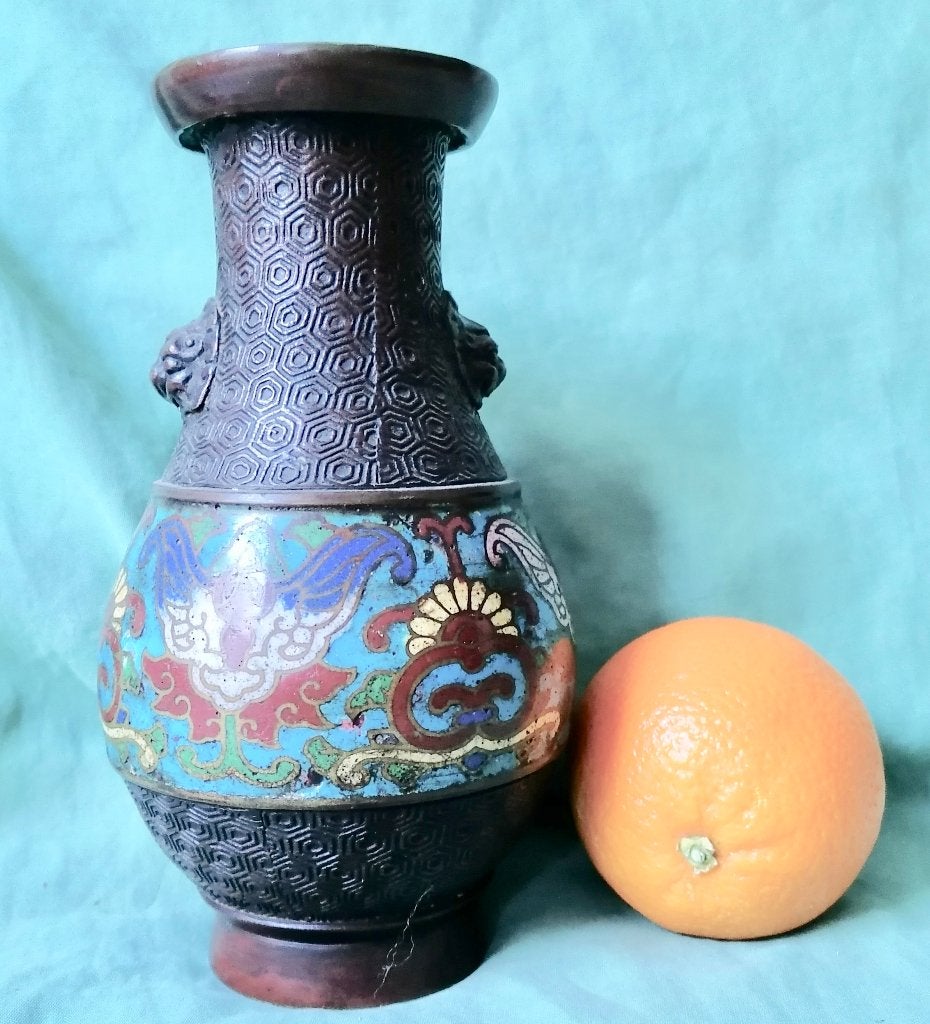 Japanse vaas brons met champlevé emaille, Handgemaakt, Ophalen of Verzenden, Japan, Vaas