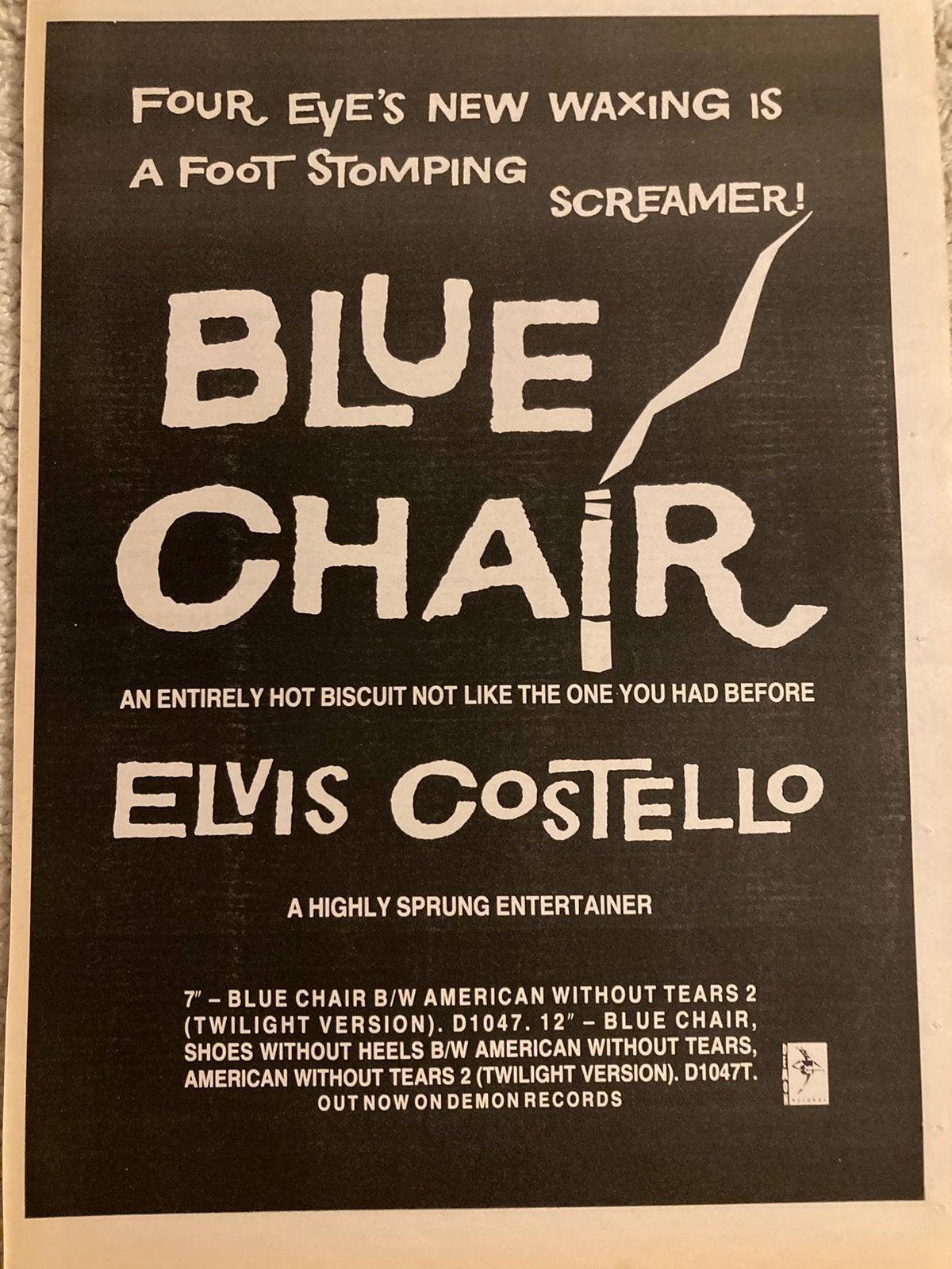 ELVIS COSTELLO Blue Chair release A3 advertentie, Ophalen of Verzenden, Zo goed als nieuw, A1 t/m A3
