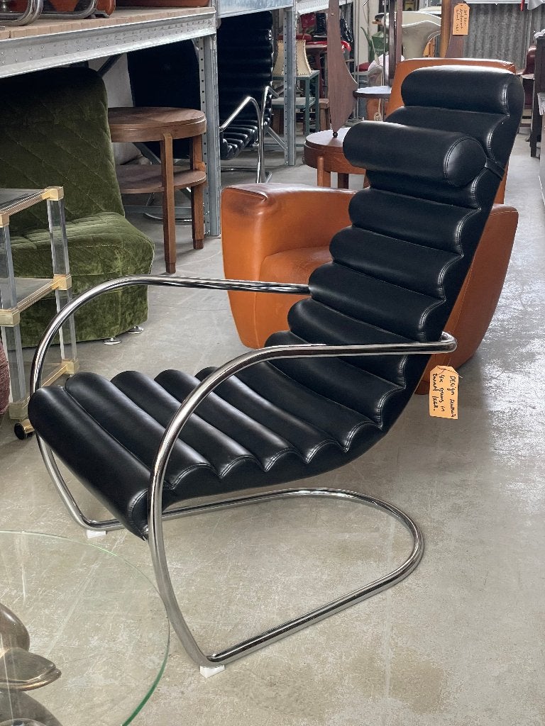 4x Vintage buizenframe lounge stoel met zwart leer (1990), Ophalen, Gebruikt, R., Vintage