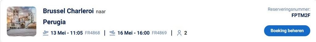 Heen 13 mei. 2x retourticket Brussel Charleroi naar Perugia., Twee personen, Vliegtuig, Buitenland, Met bestemming of datum