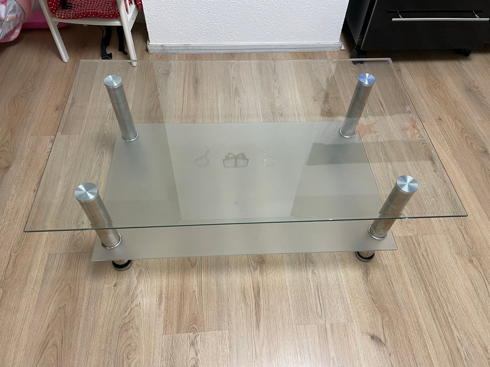 Glazen salontafel met metalen poten, Ophalen, Gebruikt, 100 tot 150 cm, 50 tot 100 cm